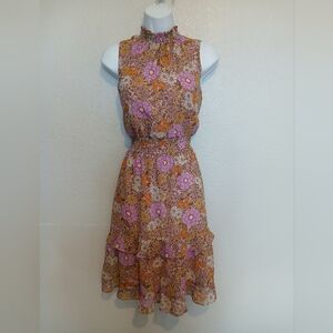 Emma & Michele Lavender Ruffle Floral Halter Sleeveless Smocked Midi Dress